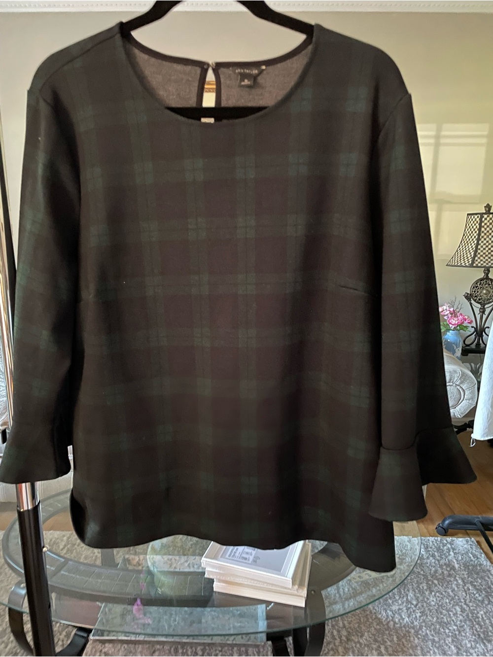 Ann Taylor Black and Dark Green Plaid Blouse